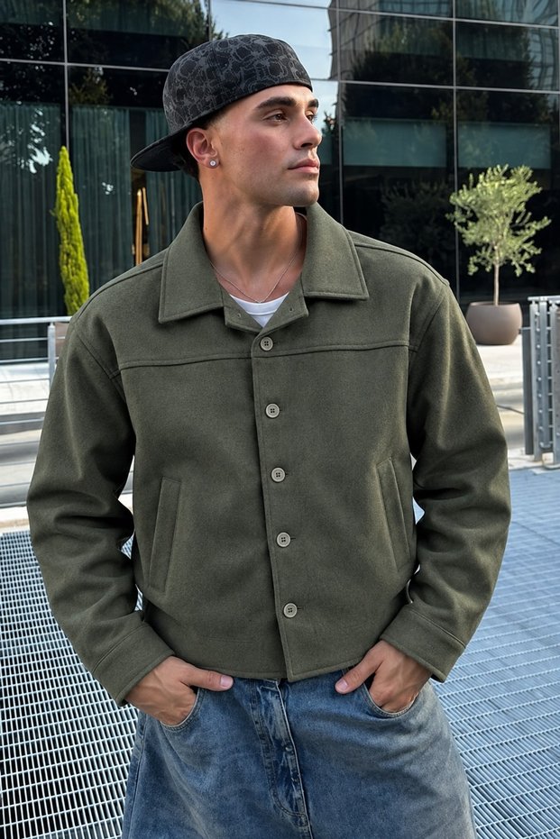 Men's Melton Shirt Collar Button-Up Jacket with Pockets for Everyday Wear