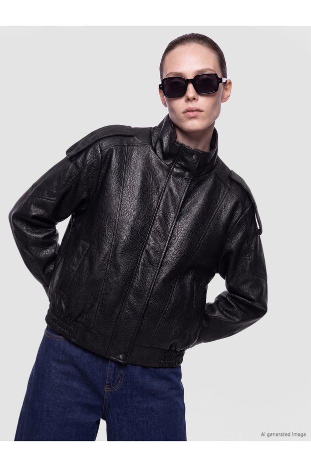Women's Leather-Look Jacket with Mock Neck
