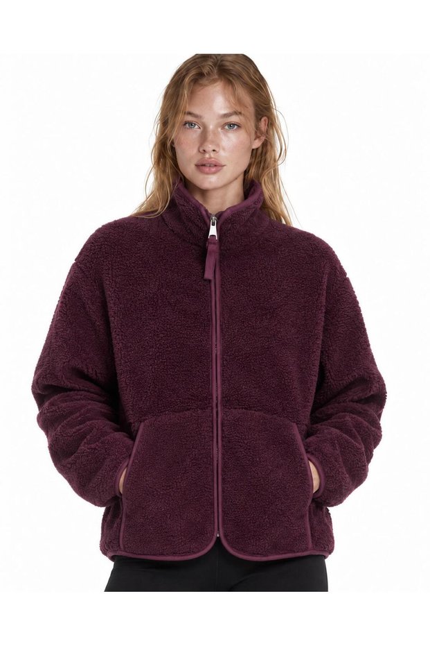 Women's Plum-Colored Plush Mock Neck Jacket with a Stand-Up Collar, Zipper, and Zippered Pockets