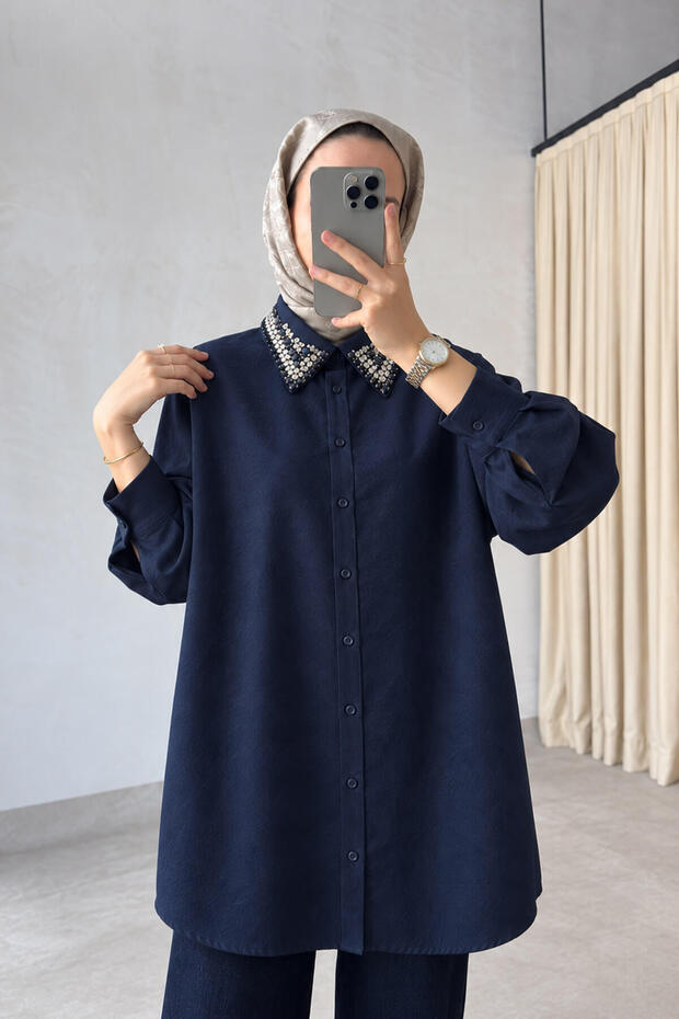 Oversized Shirt with Embellished With Stones Collar - Navy Blue