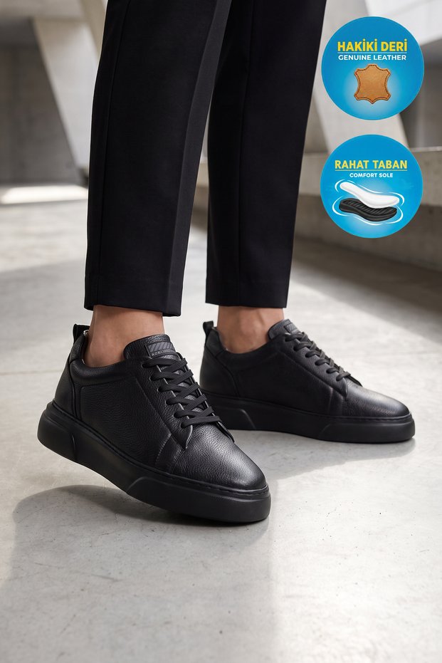 Men's Genuine Leather Sneakers 272303 Black-Black