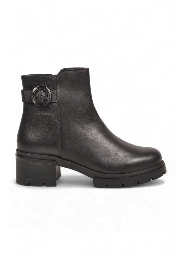 Women's Black Genuine Leather Heeled Zip-Up Boots with Ankle Strap, Fleece-Lined Insulation 27362-1