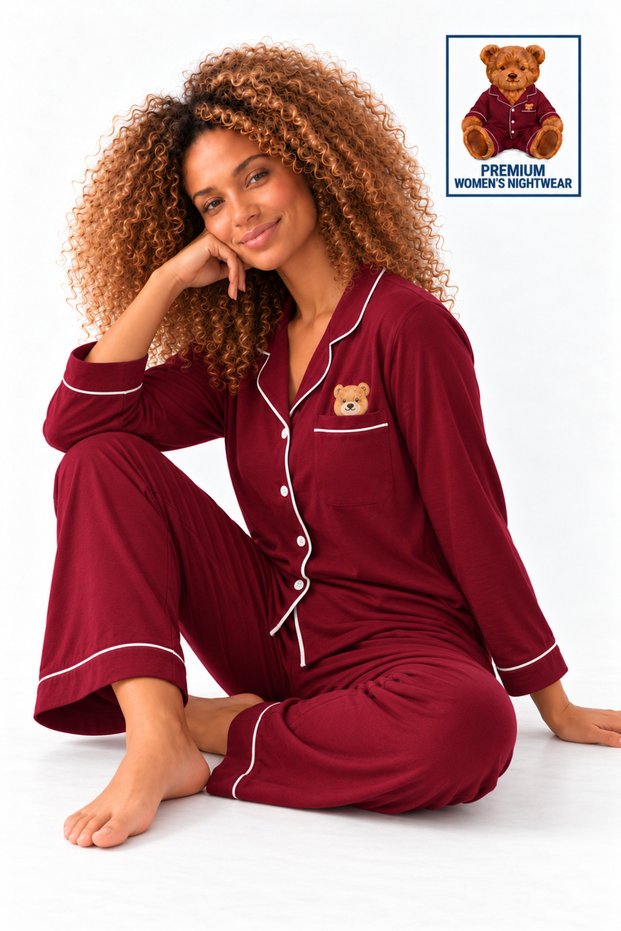 Women's Long-Sleeve Cotton Pajama Set with Embroidered Bear, Pockets, Burgundy, and Premium Buttons