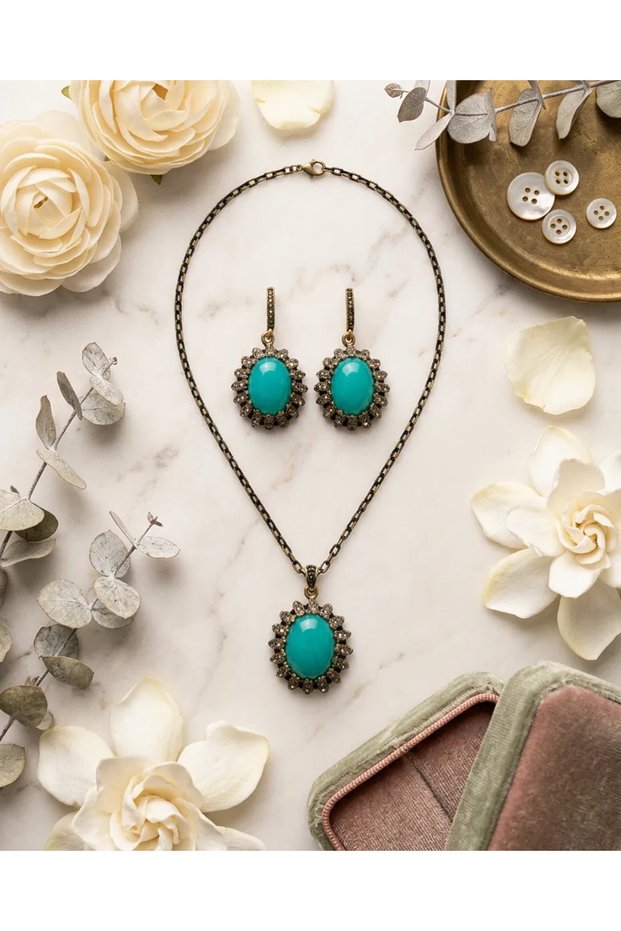 Bronze Women's Copper Jewelry Set with Zircon Accents: Turquoise and Zircon Stones, Ottoman-Style Vintage Necklace and Earring Set