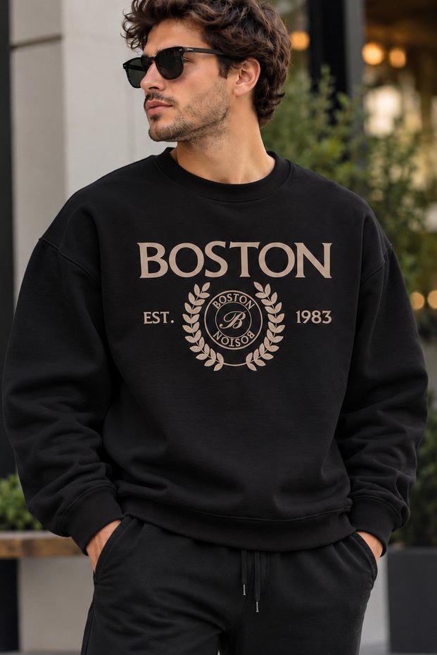 Boston Embroidered Logo Unisex Oversized Sweatshirt – Crew Neck Relaxed-Fit Casual Sweatshirt