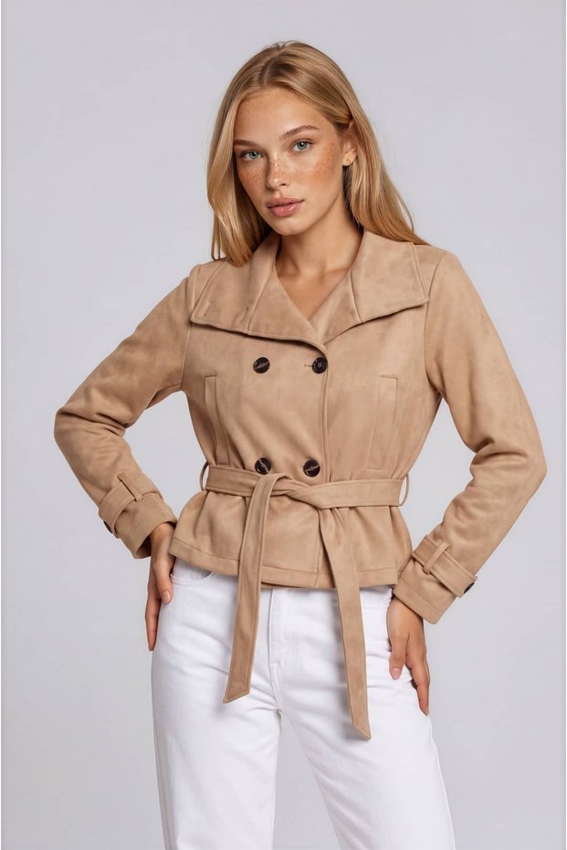Mock Neck Suede Trench Coat with Buttons