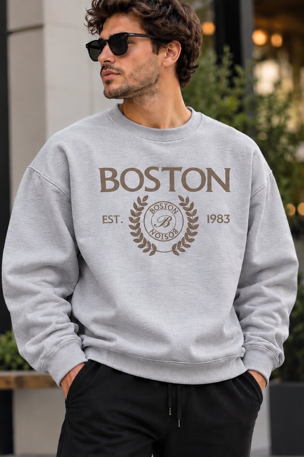 Boston Embroidered Logo Unisex Oversized Sweatshirt – Crew Neck Relaxed-Fit Casual Sweatshirt