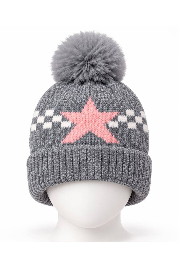 Unisex Kids' Knitted Beanie with Pom-Pom and Star Pattern, Fleece-Lined Design – Winter Beanie, Fold-Over Style, Ages 8–10