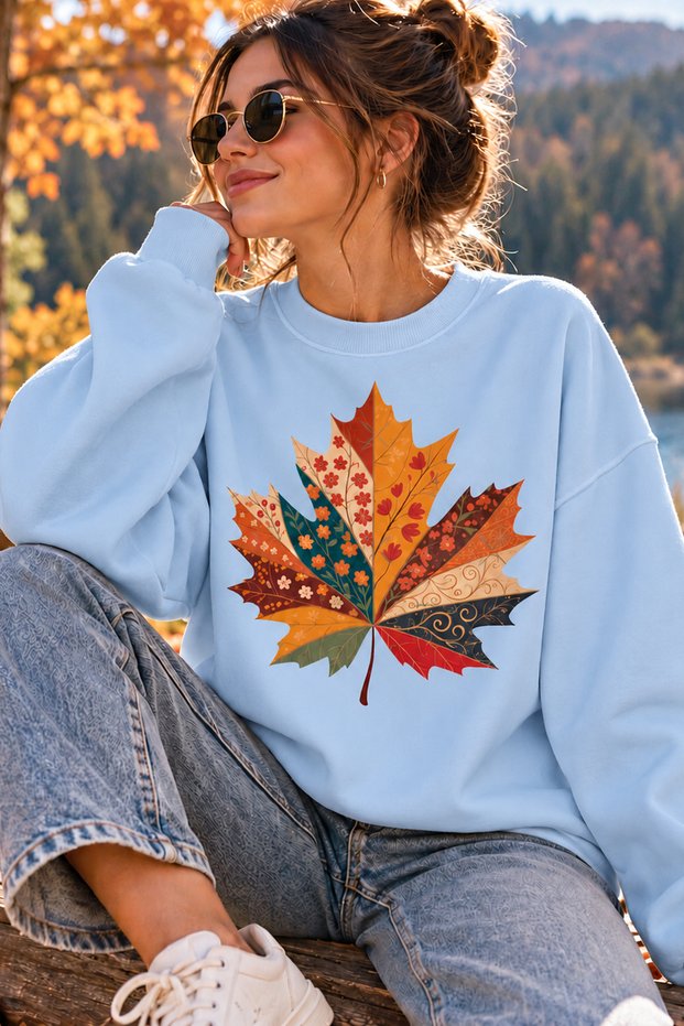Unisex Oversized Sweatshirt with Floral Print Fall Leaf Print – Crew Neck Relaxed-Fit Casual Sweatshirt