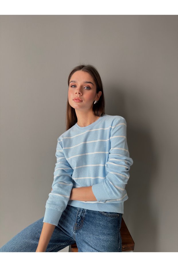 Striped, Polka-Dot, Crew-Neck Knit Sweater