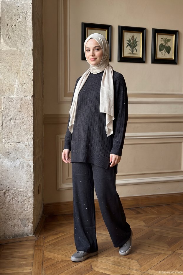 Patterned Glittery Pants and Sweater Set 101061 Black