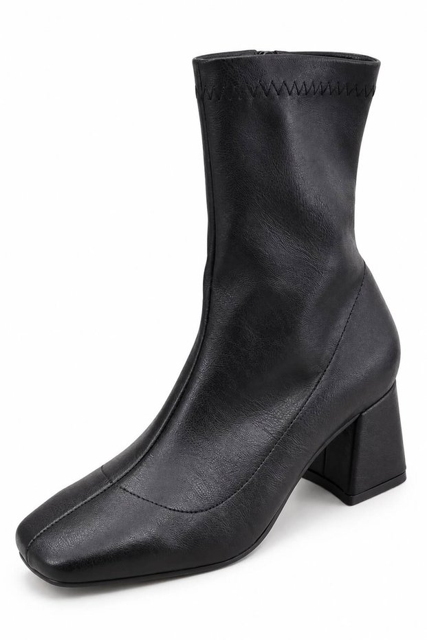 F06 Women's Stretch Zipper-Front Square-Toe Thick Heel Fancy Boots