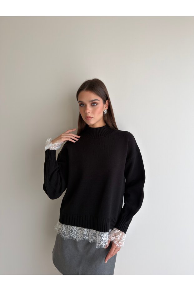 Knitted Sweater with Lace Sleeves and Lace Skirt