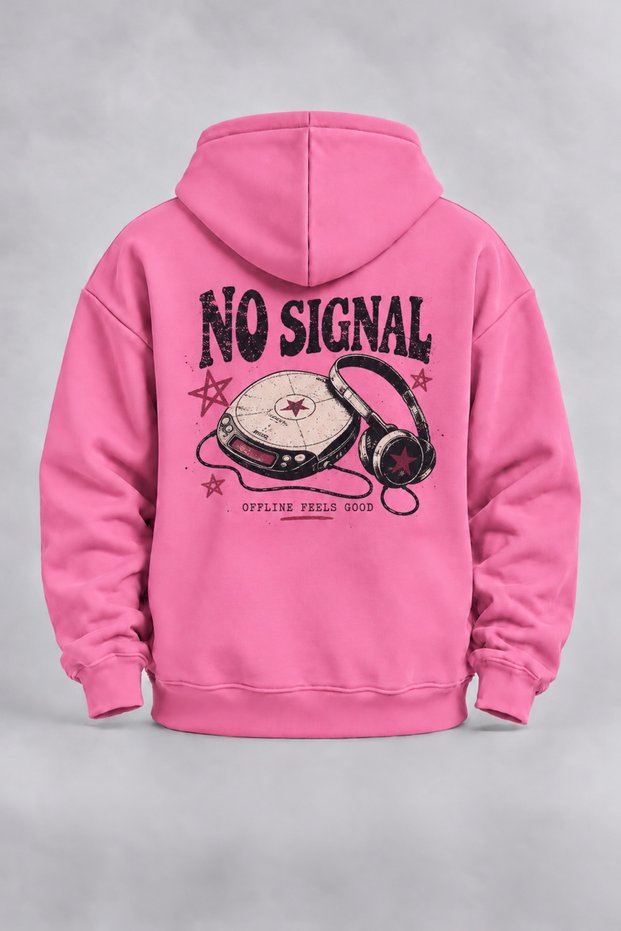 Unisex "No Signal" Pink Hooded Front Zippered Cardigan with Front and Back Prints, 3-Ply