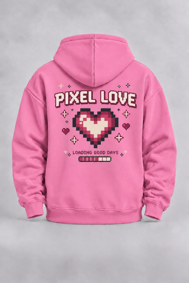 Unisex Pink Hooded Front Zippered Cardigan with Front and Back Pixel Prints, 3-Ply
