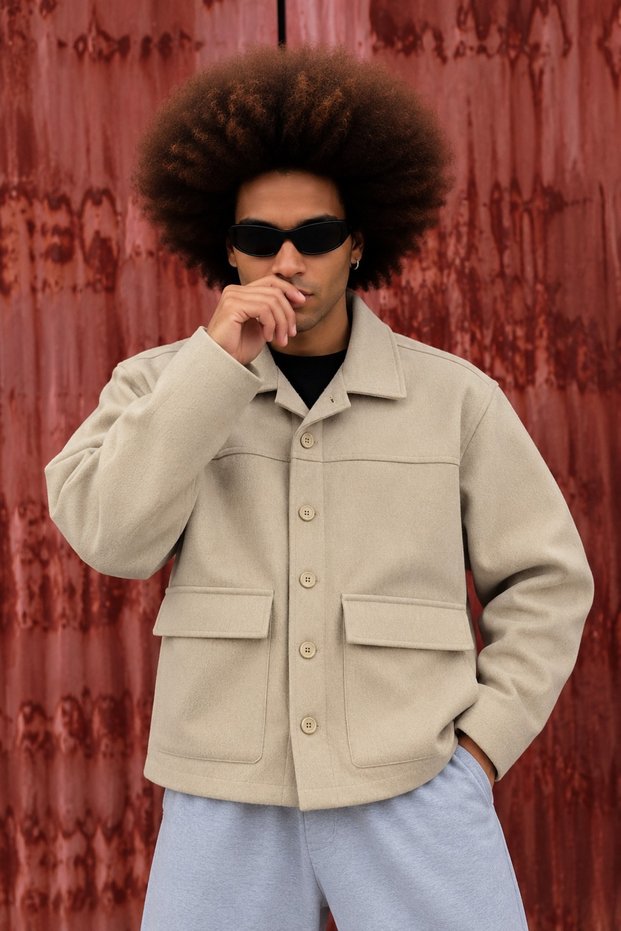 Men's Oversized Double-Pocket Melton-Blend Trendy Cream Jacket