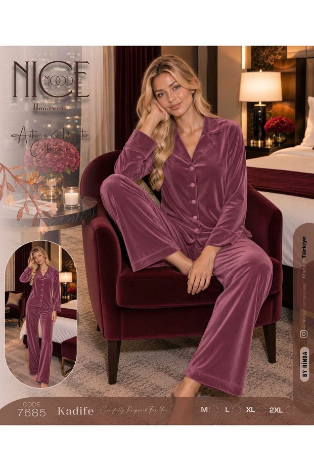 Women's Long-Sleeved, Full-Length, Button-Up, Soft-Textured Velvet Pajama Set