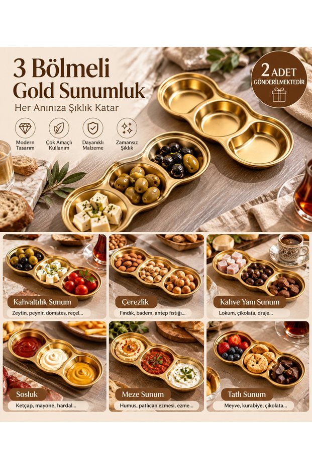 2-Piece Gold Steel 3-Compartment Serving Set – For Breakfast, Snacks, Sauces, Appetizers, and Treats, 20x8.5 cm