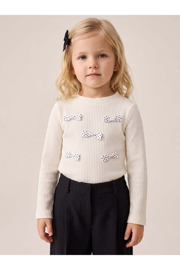 Girls' Polka Dot Long-Sleeved Blouse with Bow Detail and Corded Fabric Hem