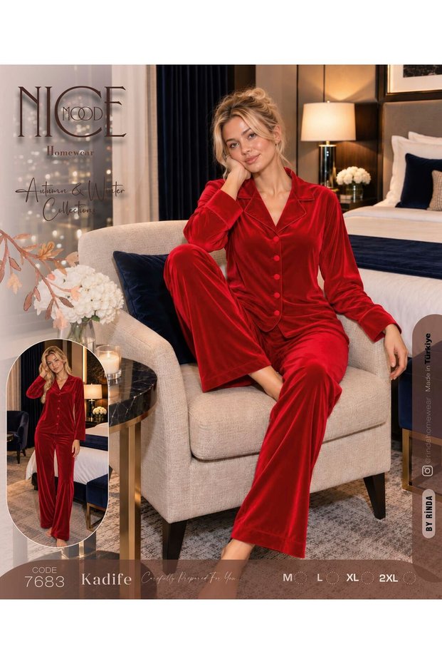 Women's Long-Sleeved, Full-Length, Button-Up, Soft-Textured Velvet Pajama Set