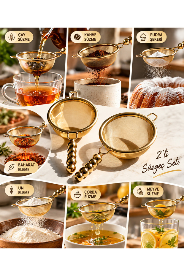 2-Piece Gold Steel Beaded Strainer Set – 7 and 8 cm Tea Strainers, Cocoa, Cinnamon, and Powdered Sugar Sifters, Cake and Dessert Decorating