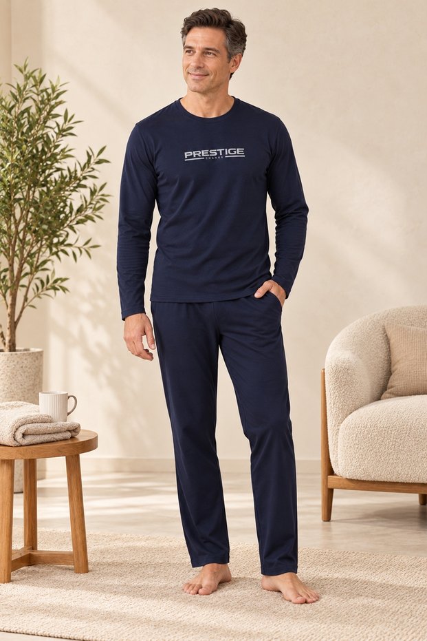 Men's Pajama Set, 100% Cotton Jersey, Transitional 30/1 Single Jersey Fabric, Crew Neck, With Pockets, Black