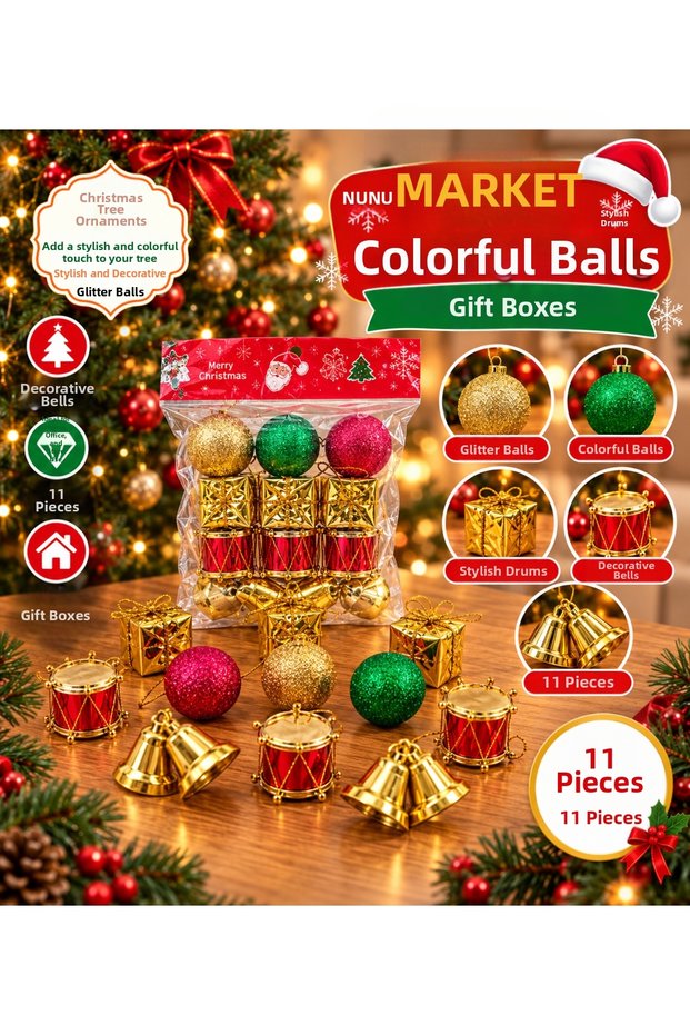 11-Piece Christmas Tree Ornament Set – Glittery Ball, Gold Bell, Mini Drum, and Gift Box Decorative Christmas Tree Ornaments
