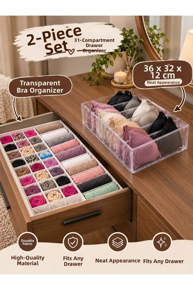 2-Piece Set: 31-Compartment Drawer Organizer and Clear Bra Organizer