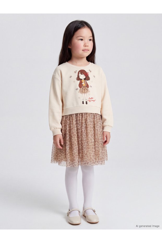 Trendy Picks from Kübra Butik: Girls' Tulle Dress with a Round Neckline with Yoke Detail