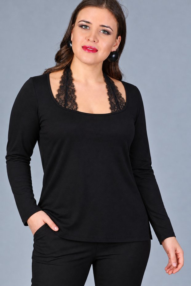 Plus Size Lace Tie Long Sleeve Blouse