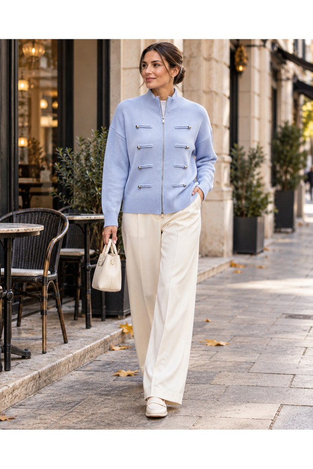 Plus size button-accessory zip-up knit cardigan - blue