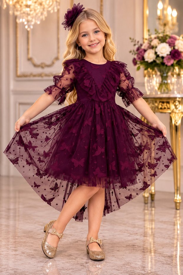 Children's Evening Gown with Butterfly Print and Plum-Colored Train, Aby211