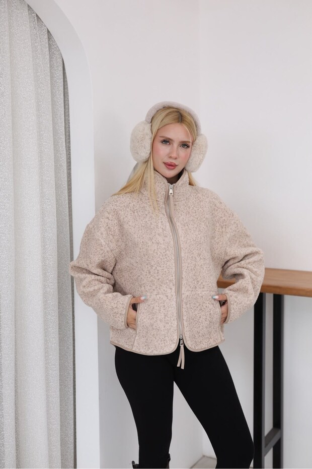 Printed Mock Neck Collar Detail - Mottled Beige Melange Jacket