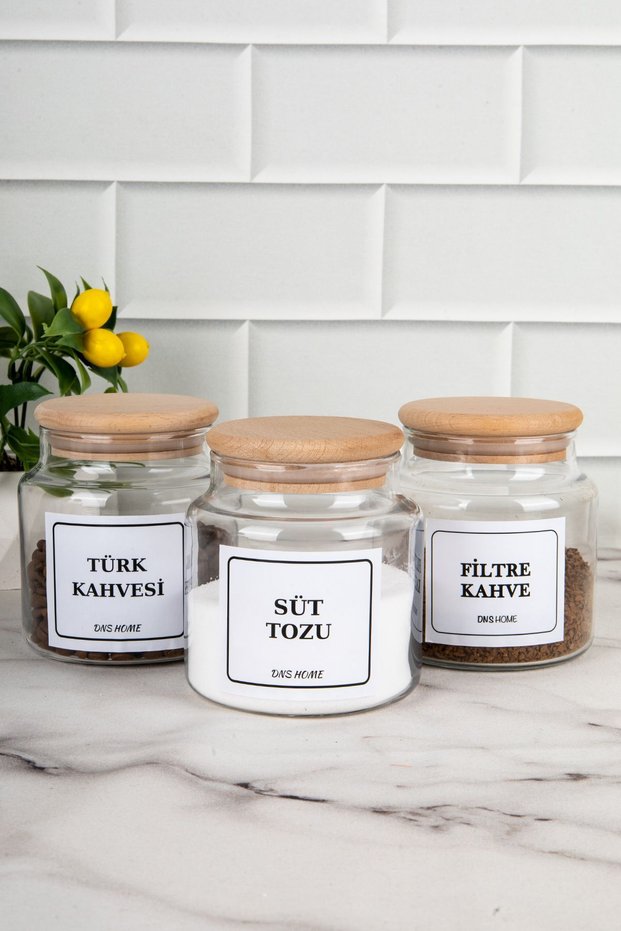 Set of 3 Wooden Vacuum Lid Glass Storage Containers with Labels for Milk Powder, Turkish Coffee, and Filter Coffee, 500ml