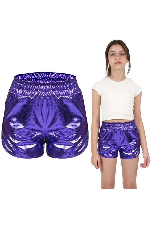 Girls' Metallic, Shiny, Sparkly Running, Walking, Dancing, Sports, Athletic, Cheerleading Shorts — Purple