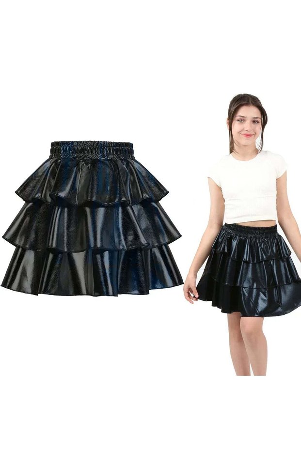 Girls' Elastic-Waist Metallic Shimmering 3-Layer Ruffled Skirt — Black