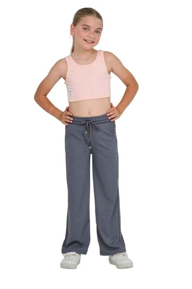 Girls' Palazzo Pants with Elastic Waistband, Drawstring, and Wide, Loose Legs — Anthracite