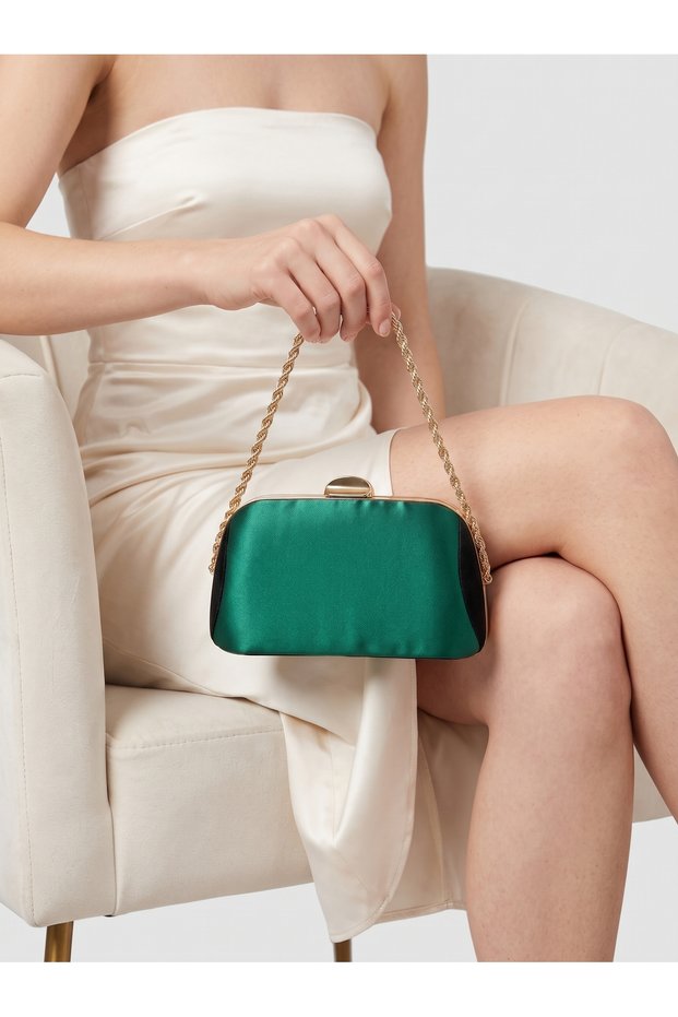 Green Satin Women's Evening Clutch Bag with Gold Accents and Chain Strap for Weddings, Engagements, and Graduations