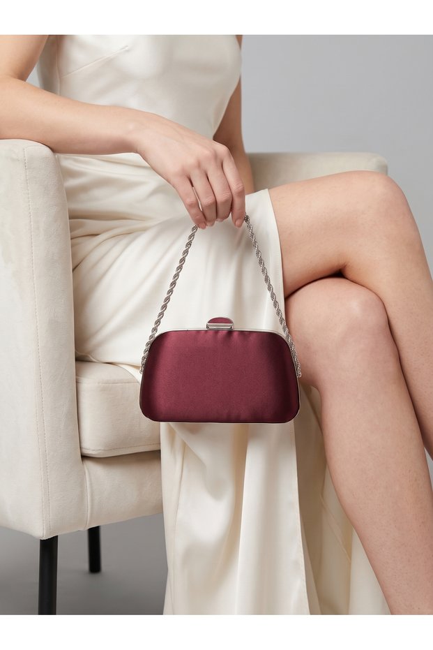 Burgundy Satin Women's Evening Clutch Bag with Silver Accents and Chain Strap—Perfect for Weddings, Engagements, and Graduations