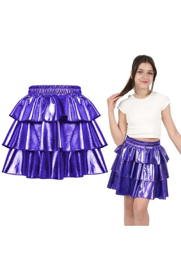 Girls' Elastic-Waist Metallic Shimmering 3-Layer Ruffled Skirt — Purple