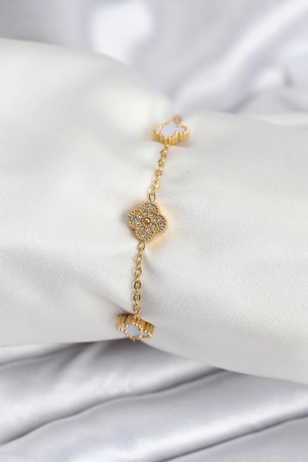 316L Steel Gold Color White and Zircon Stone Baby Boy Clover Women's Bracelet Tj-Bb7955