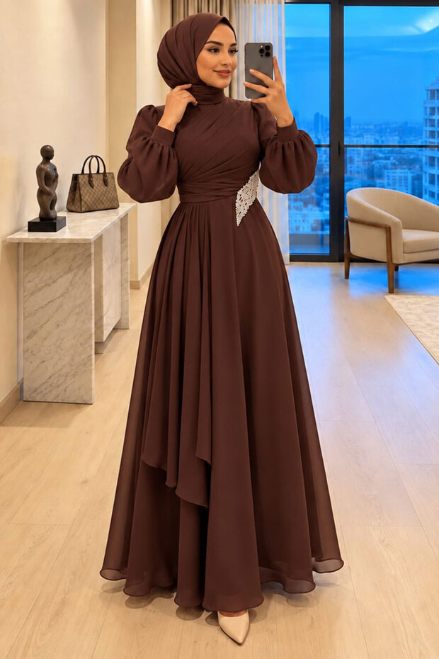 Sparkling Fabric Draped Brown Hijab Evening Dress 4916Kh
