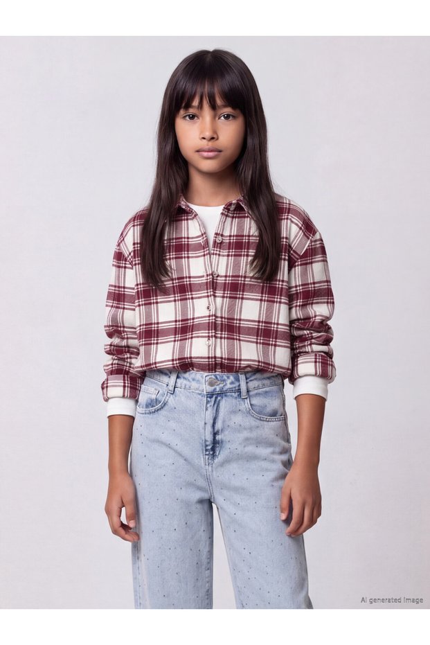 Checkered Embroidered Gabardine Girls' Shirt from Uzg Store for Style Enthusiasts