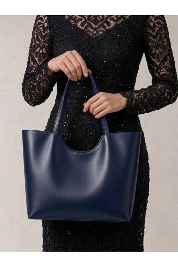 Navy Blue Women's Scarf Zippered Shopper Hand and Shoulder Bag