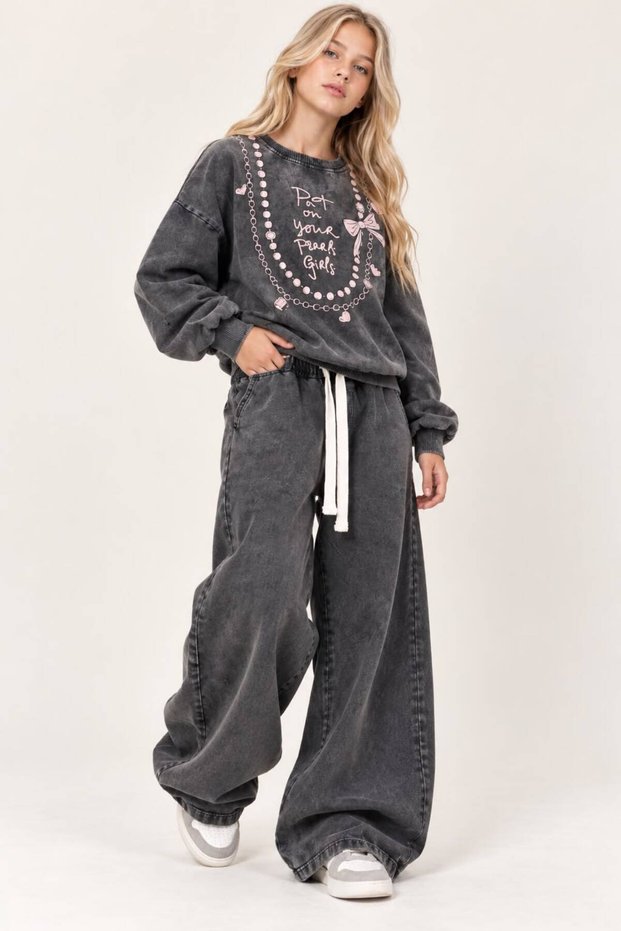 Girls' Gray Oversized Sweatshirt with Bow Detail & Wide-Leg Pants Set, Ages 10-11-12-13-14