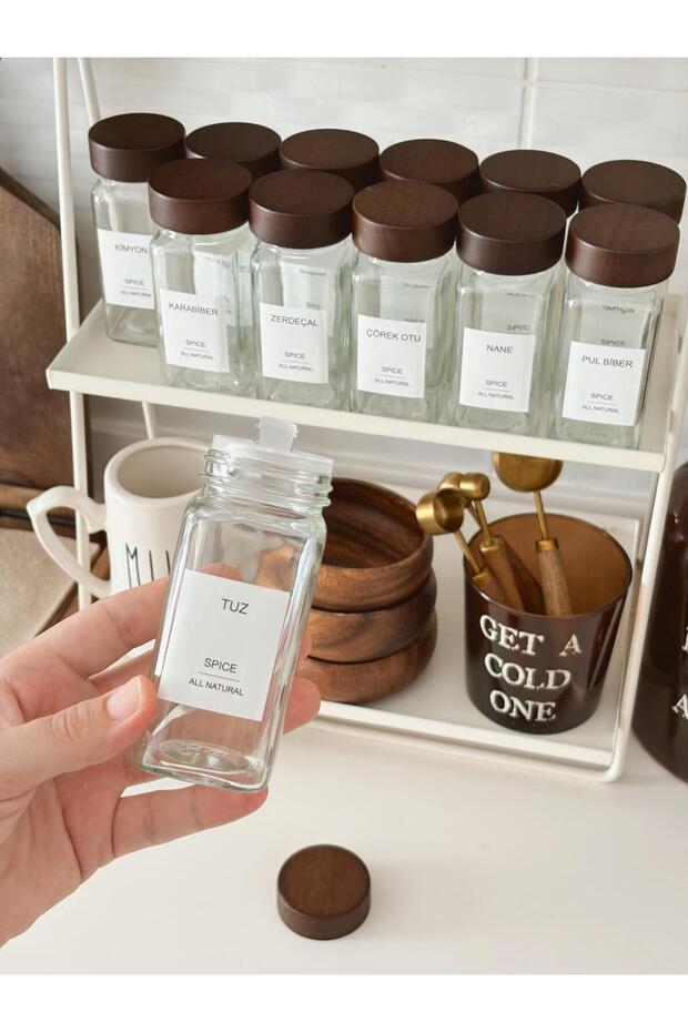 Set of 12 Acacia Lid Glass Spice Racks (32 Labels with Gift)