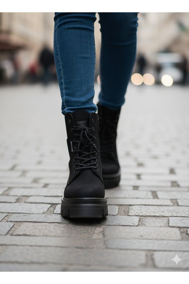 Women's Black Lace-Up Boots