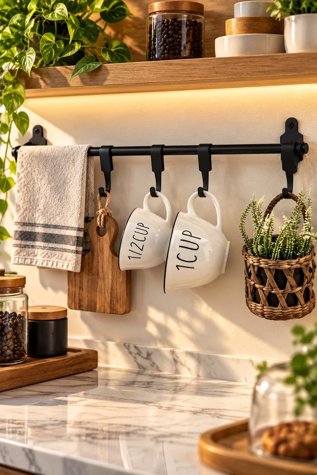 UGAR || 50 cm Black 6-Hook (FULL METAL) Kitchen and Bathroom Towel, Mug, Cup, and Spoon Holder; Matte Black Metal Kitchen Rack; Wall-Mounted Multipurpose Mug and Cup Holder; Hooked Kitchen Organizer