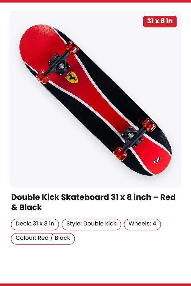 Double Kick Skateboard 31 x 8 inch – Red & Black