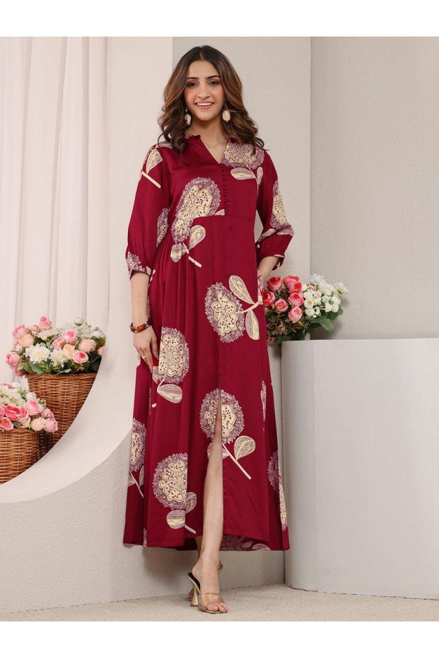 Red Printed Silk Blend A-Line Maxi Dress